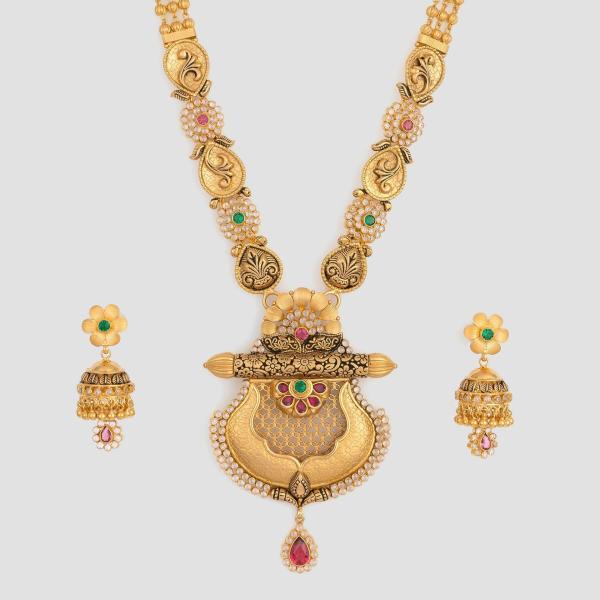 Amazing Shape Gold Long Antique Ranihar Sets in Beautiful Design & Kundan work for Ladies 