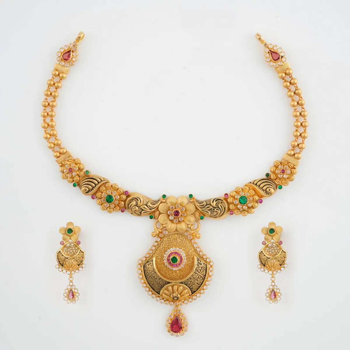 Beautiful Gold Antique Necklace Set with Unique Shape & Flowers Design for Ladies 