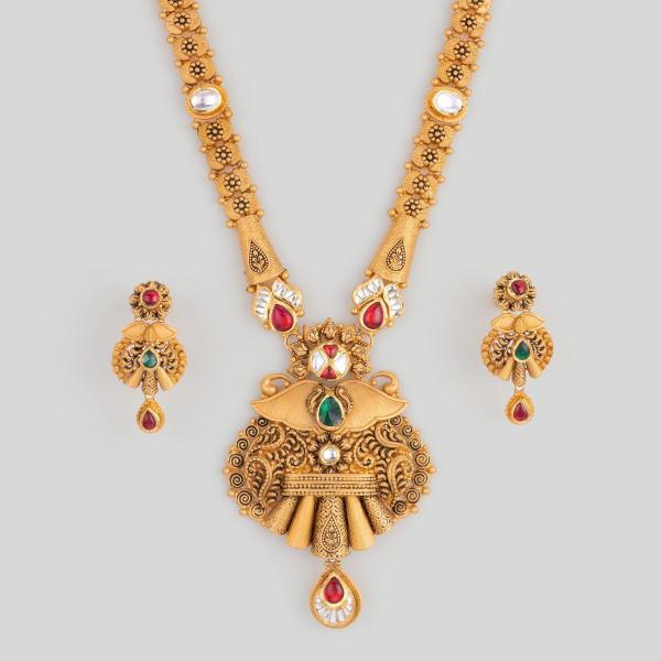 Adoreable Gold Antique Long Ranihar Set for Ladies with Flowers Design 