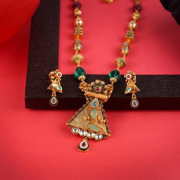 Triangle Shape with Flowers and Leaf Design in Meena work Gold Antique Pendant Set