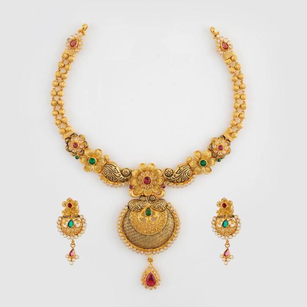 Amazing Gold Necklace Set with Fancy Design for Ladies in Antique Design 