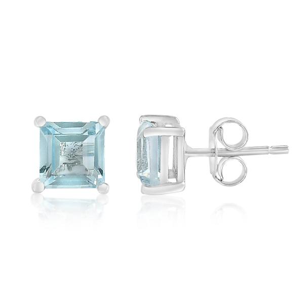 925 Sterling Silver Real Blue Topaz Square Gemstone Shape Stud Earrings