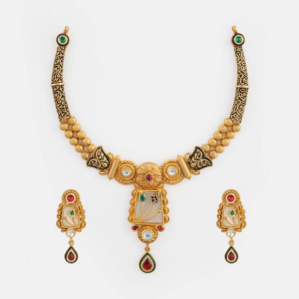 Gold Antique Necklace Set with Flowers Design & Stones for Ladies in Square Shape