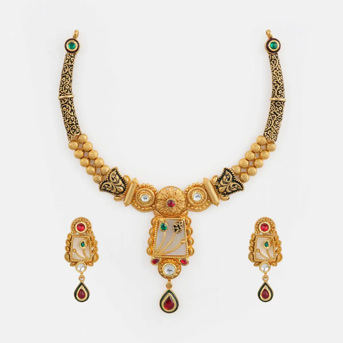 Gold Antique Necklace Set with Flowers Design & Stones for Ladies in Square Shape