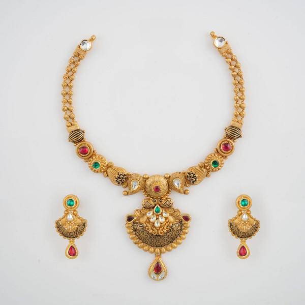 Gold Antique Necklace in beautiful Design with Stones 