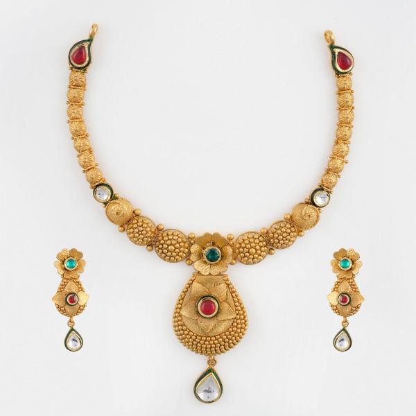 Beautiful Gold Antique Necklace Set with beautiful Design and Stones 