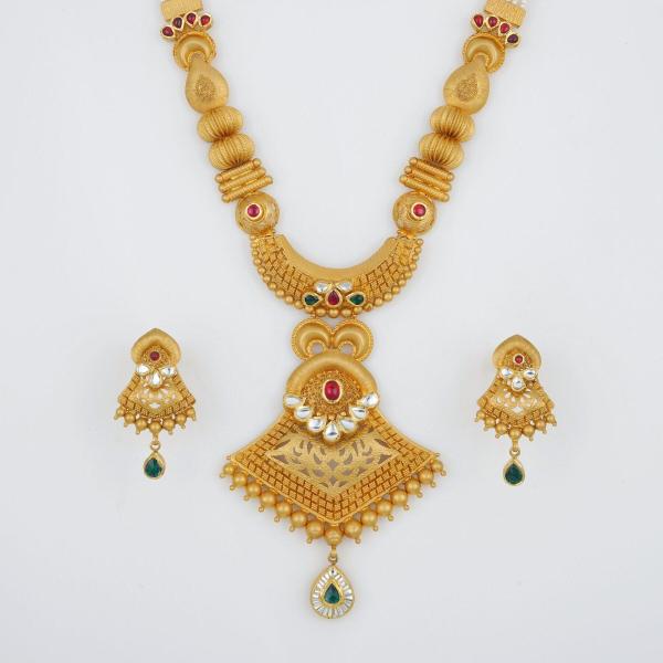 Antique Gold Long Ranihar Set with Flowers & leaf Shape in Amazing Kundan and Meenakari work 