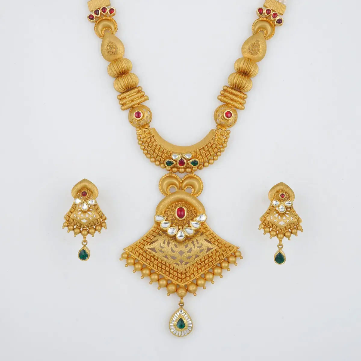 Antique Gold Long Ranihar Set with Flowers & leaf Shape in Amazing Kundan and Meenakari work 