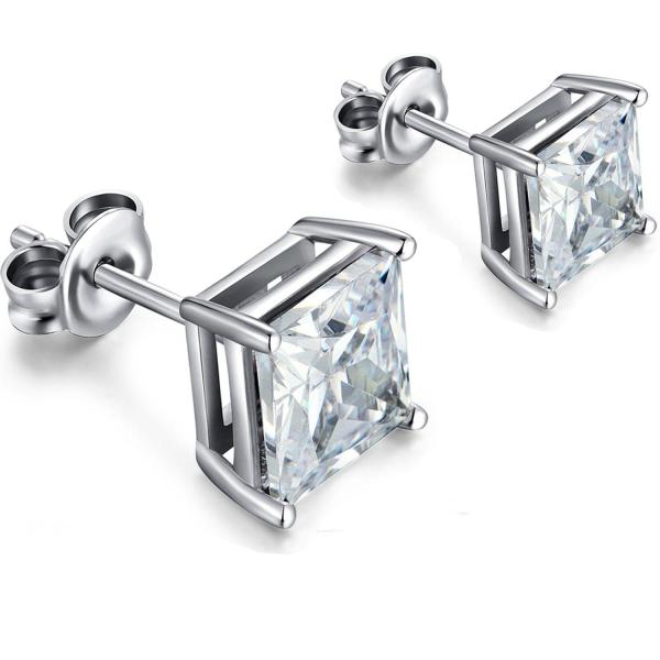 925 Sterling Silver Real Square Cubic Zirconia Gemstone Shape Stud Earrings