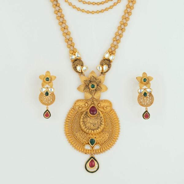 Elegant Flowers Design Gold Ranihar Set for Ladies with Zerkon Stones & Beautiful Design 