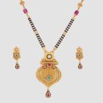 Gold Mangal Sutra Pendant Set in Unique Shape with Earrings , Beautiful Design and Meena 