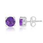 925 Sterling Silver Real Amethyst Gemstone Round Shape Stud Earrings