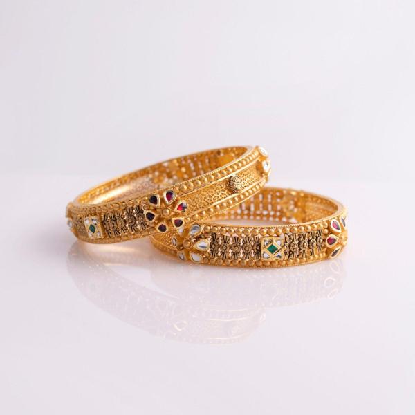 Gold Bangles with Beautiful Meena Work in Flowers and leaf Design 