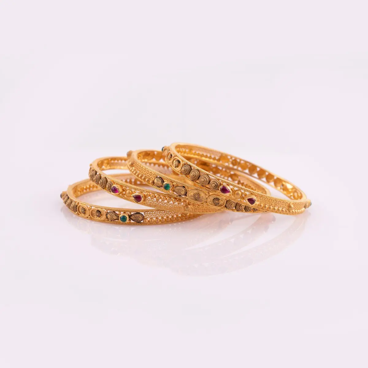 Beautiful Light Weight Gold Bangles for Ladies with Flowers Design and Stones