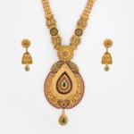 Gold Long Antique Ranihar Set in Drop Shape with Leaf Design & Beautiful Kundan Stone 