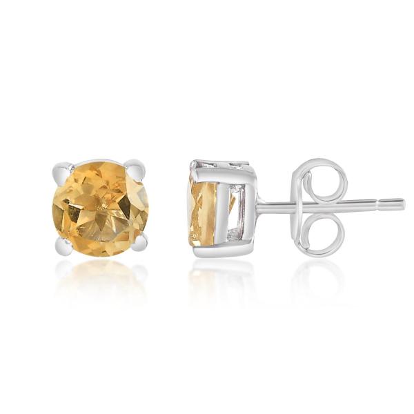 925 Sterling Silver Real Citrine Gemstone Round Shape Stud Earrings