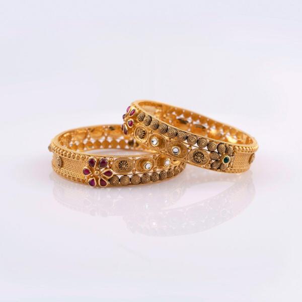 Elegant Gold Bangles for Ladies with Flowers design and Stones 