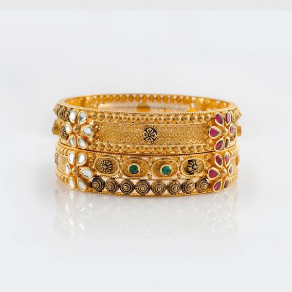 Gold Bangles for Ladies with Beautiful Stones in Flowers Design 