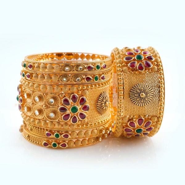 Fabulous Gold Antique Bangles with Beautiful Kundan Stones in Flowers Design 