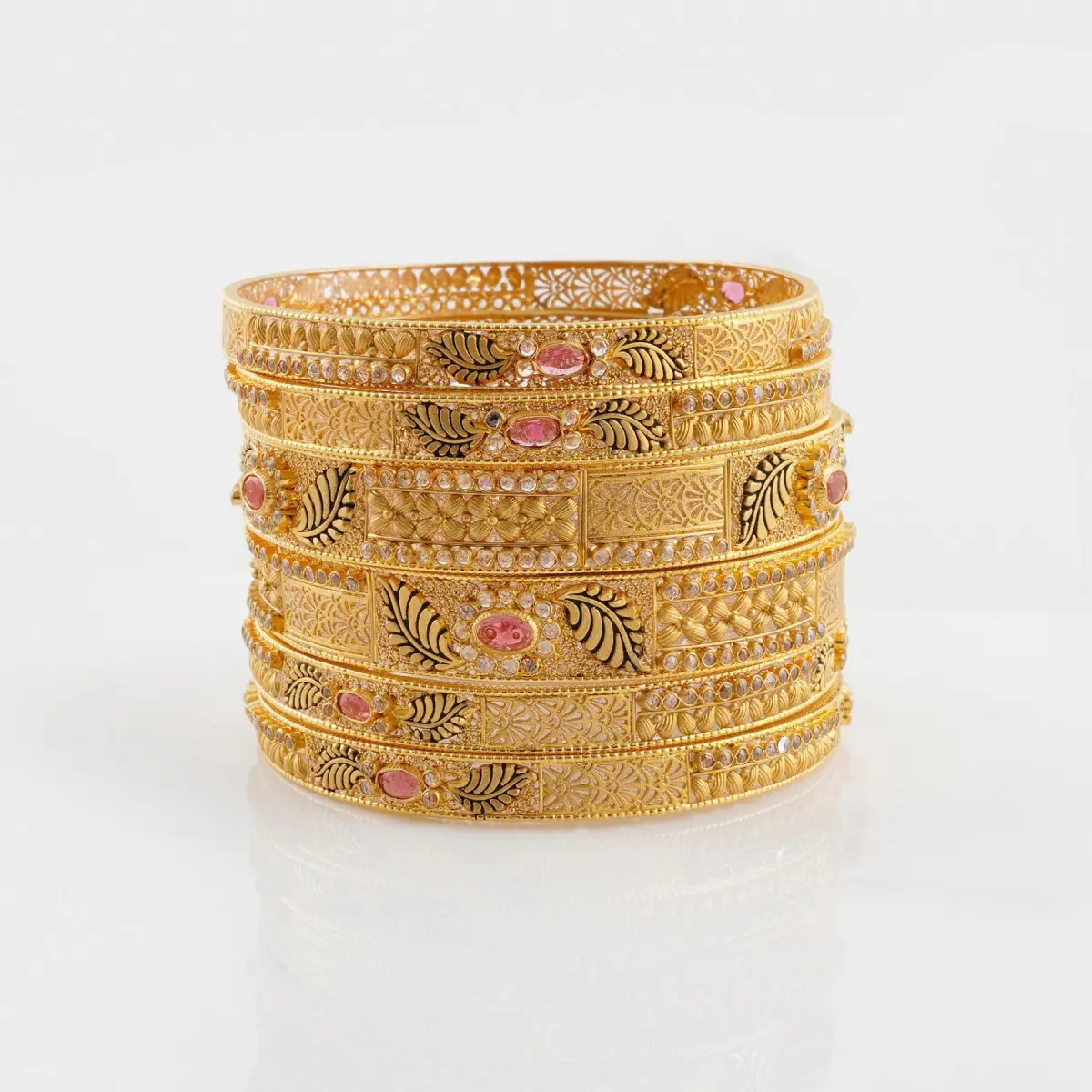 22k Gold Bangles in Leaf Design and Stones for Ladies 