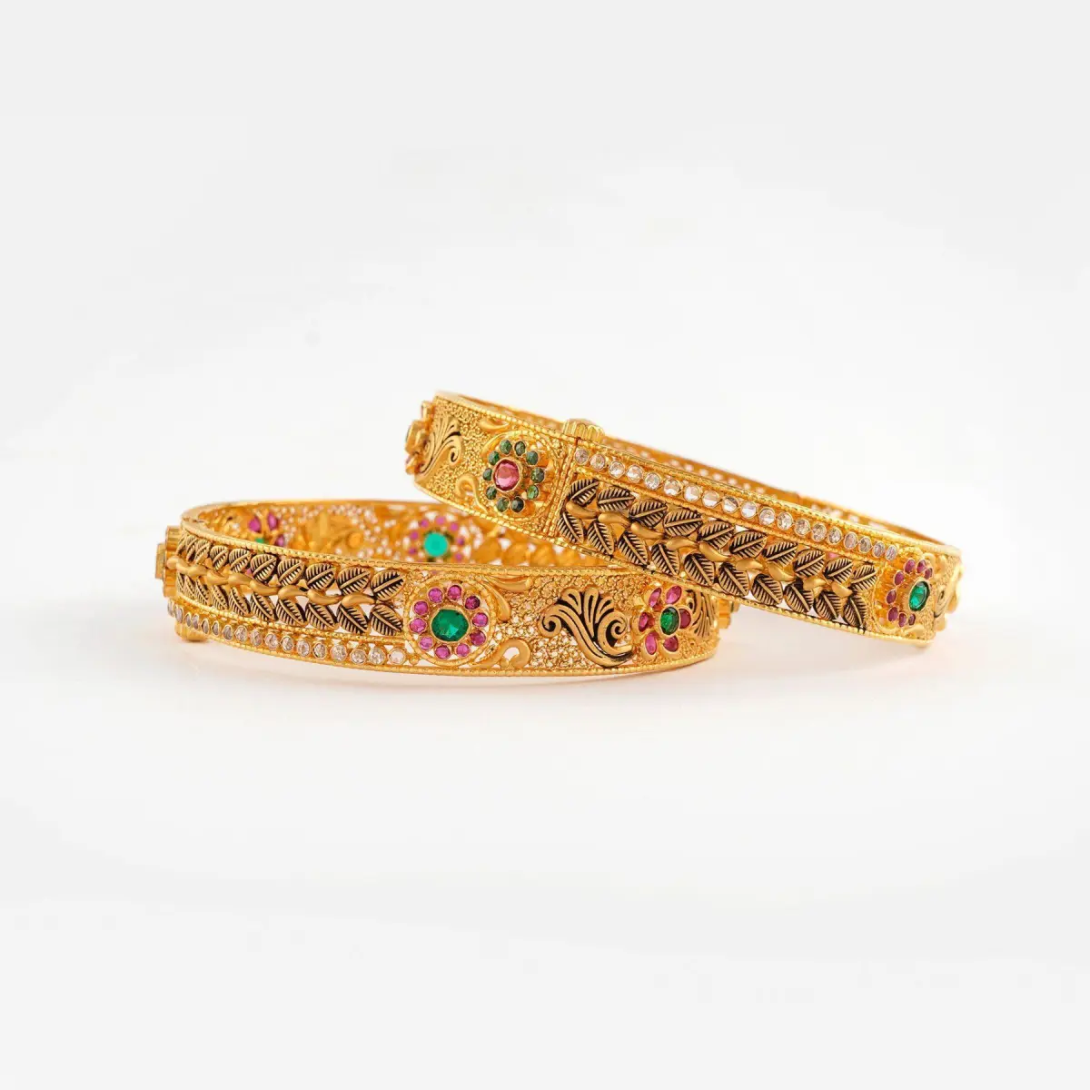 Gold Bangles for Ladies in Beautiful Flowers and Leaf Design with Stones