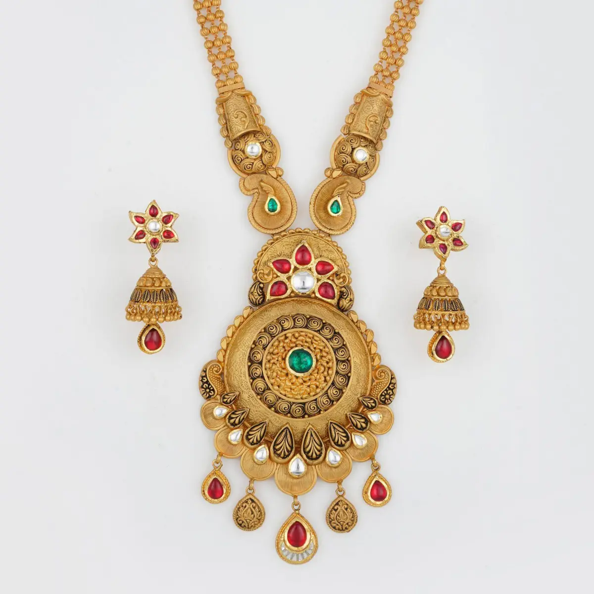 Fabulous Gold Long Antique Ranihar Set with Beautiful Design for Ladies 