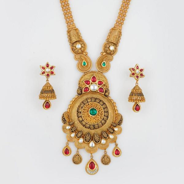 Fabulous Gold Long Antique Ranihar Set with Beautiful Design for Ladies 