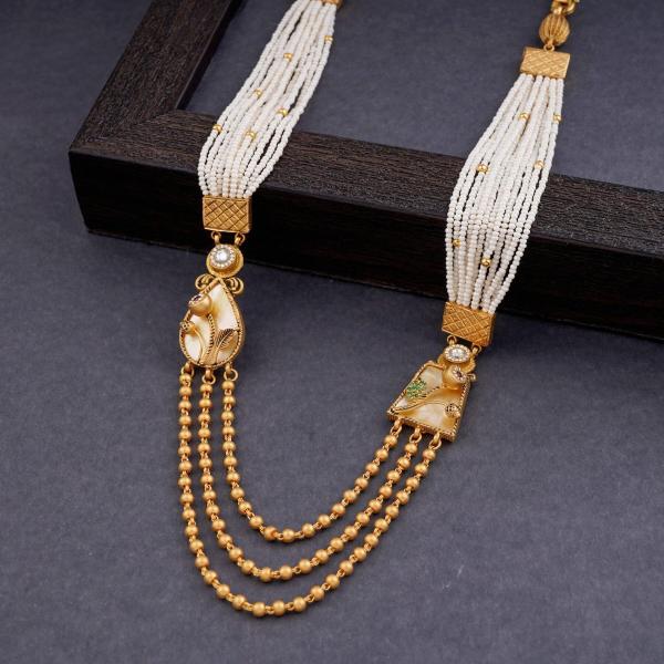 Beautiful 3 Layered Gold Mala Necklace Set with Beautiful Beads 