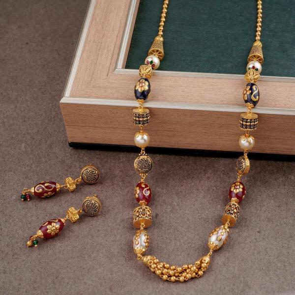 Gold Matar Mala with Multicolour Beads and Earring 