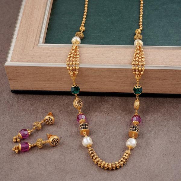 Gold Matar Mala Set with Earring & Pink Pearls 