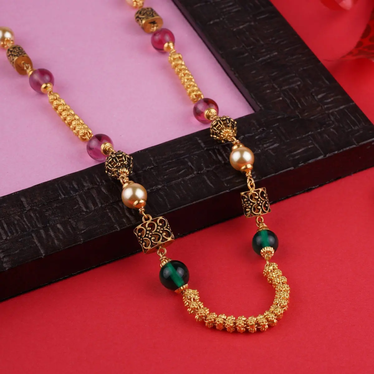 Gold Fancy Matar Mala Chain in Amazing Design with Green and Red Pearls 