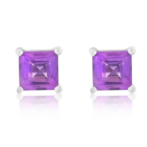 925 Sterling Silver Real Amethyst Square Gemstone Shape Stud Earrings