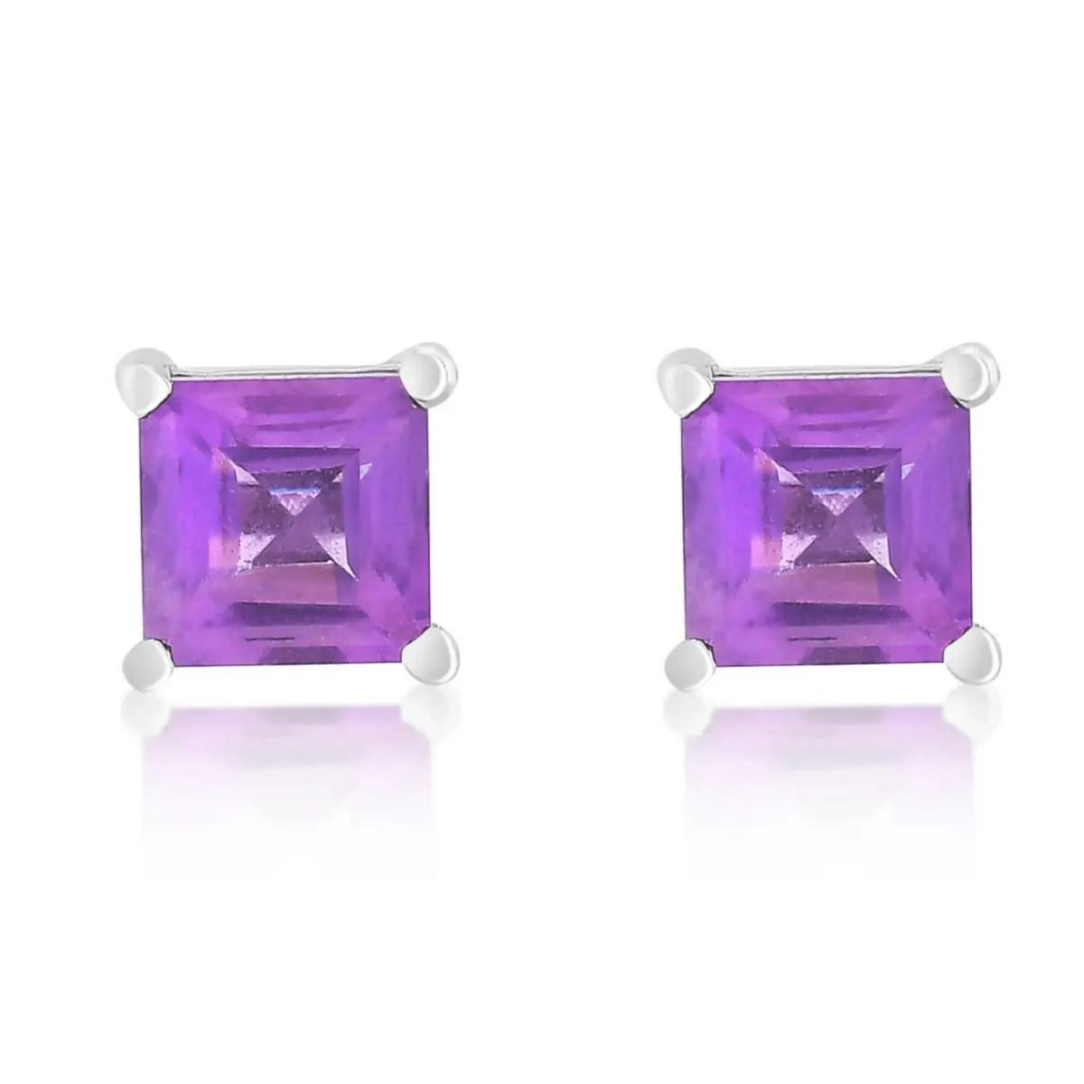 925 Sterling Silver Real Amethyst Square Gemstone Shape Stud Earrings