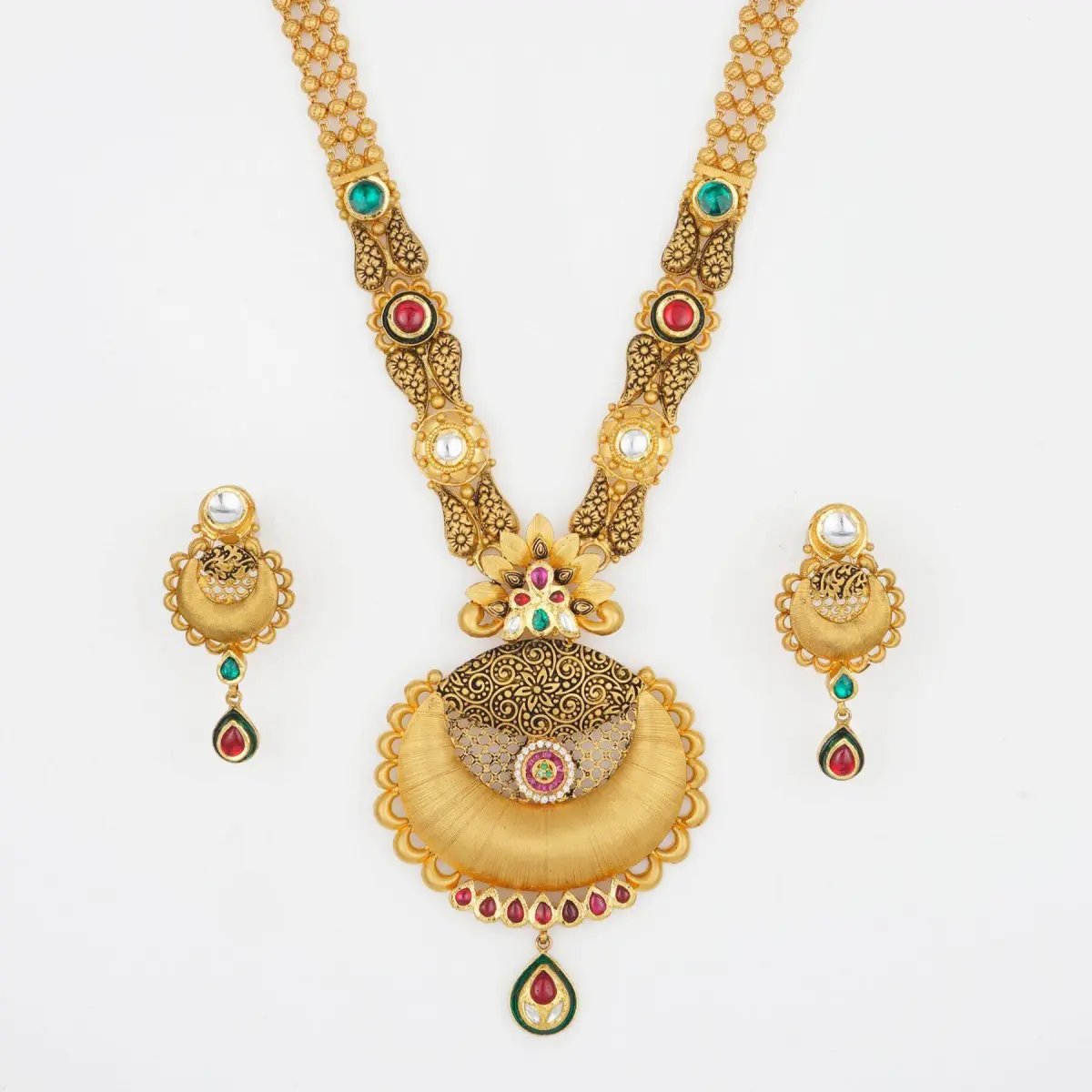 Adoreable Gold Long Antique Ranihar Sets in Beautiful Design for Ladies with Kundan & Meena Work 