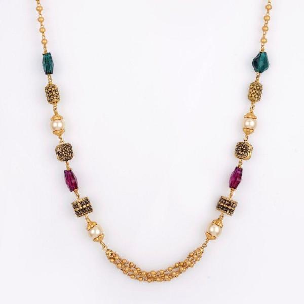 Elegant Gold Matar Mala Chain in Green & Red Pearls 