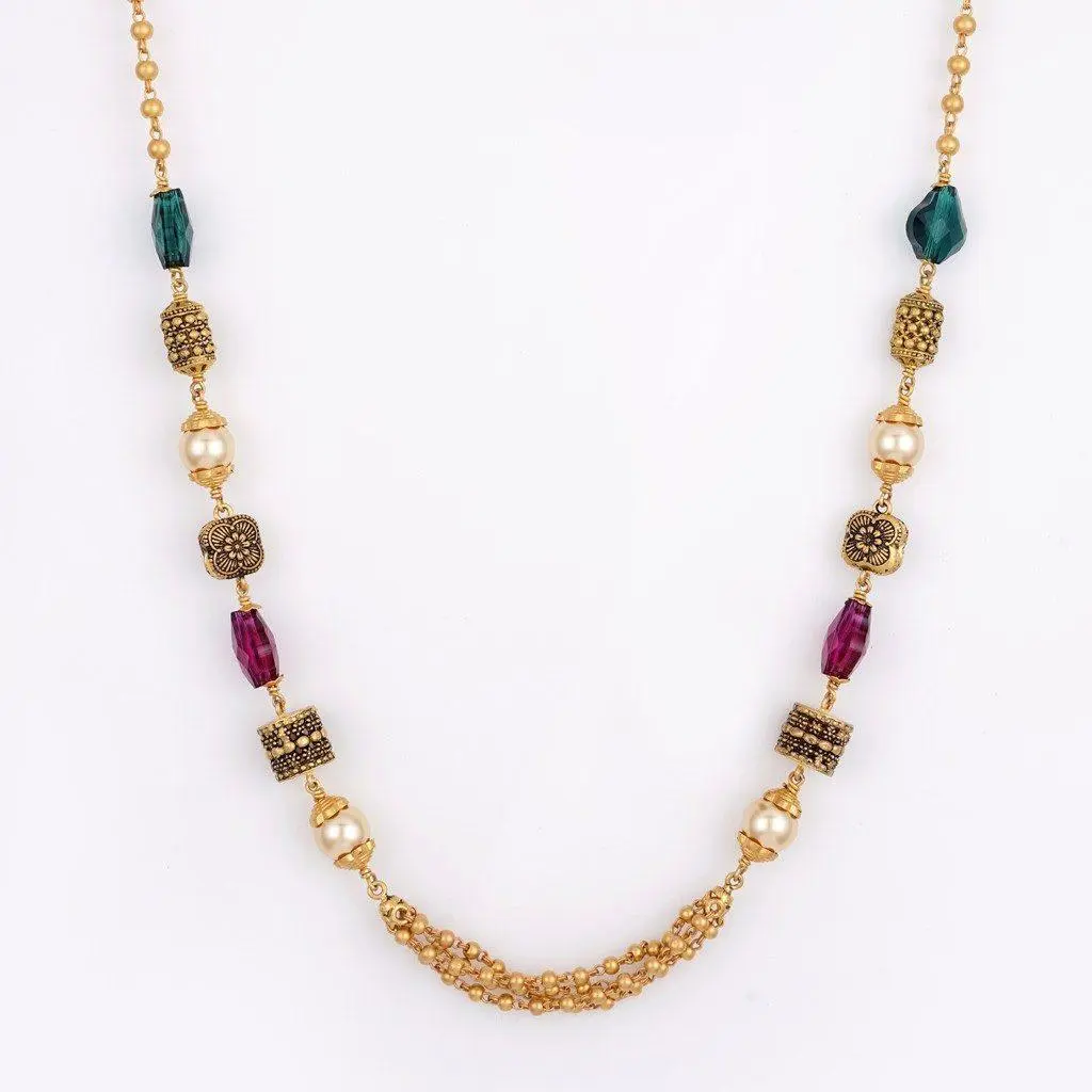 Elegant Gold Matar Mala Chain in Green & Red Pearls 