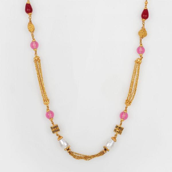 Fancy Antique Gold Mala Chain with Pink ,White & Red Beads 