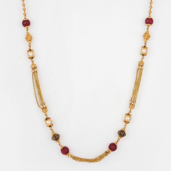 Antique Gold Mala Chain With Ruby and Pearls