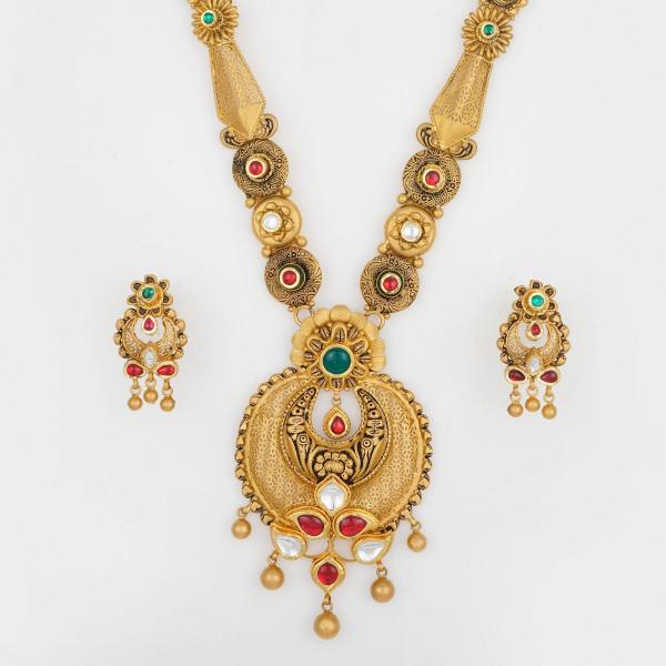 Beautiful Kundan & Meena work with Amazing Design Gold Long Antique Ranihar Set 