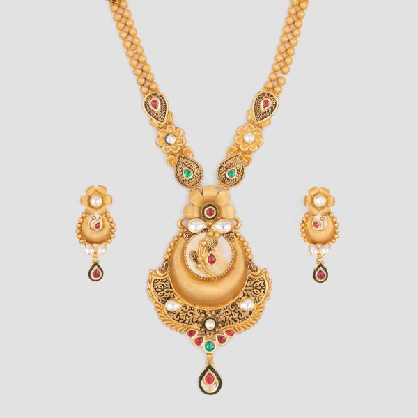 Antique Gold Long Ranihar Set with Flowers & leaf Shape in Amazing Kundan and Meenakari work 