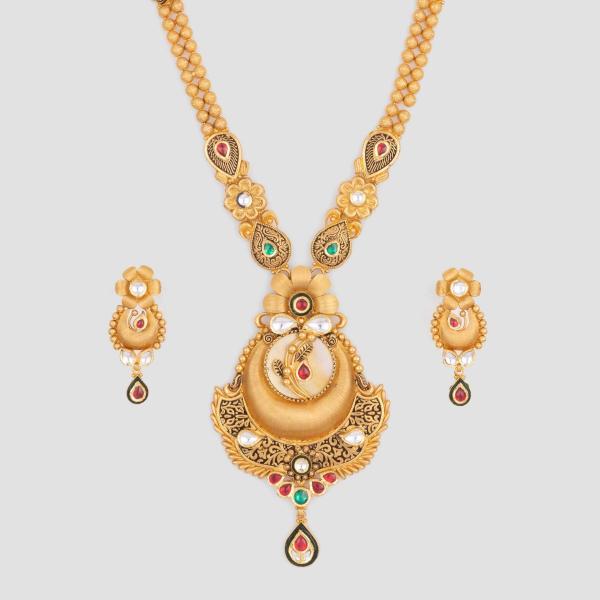 Antique Gold Long Ranihar Set with Flowers & leaf Shape in Amazing Kundan and Meenakari work 