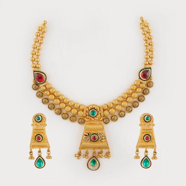 Amazing Square Shape with Flowers and Leaf Design in Meena work Gold Antique Necklace Set