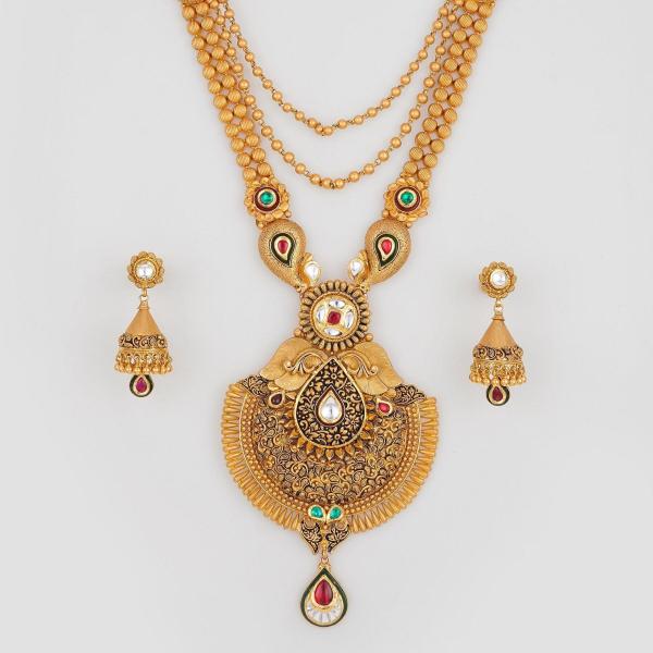 Adoreable Gold Antique Long Ranihar Set for Ladies with Flowers Design 