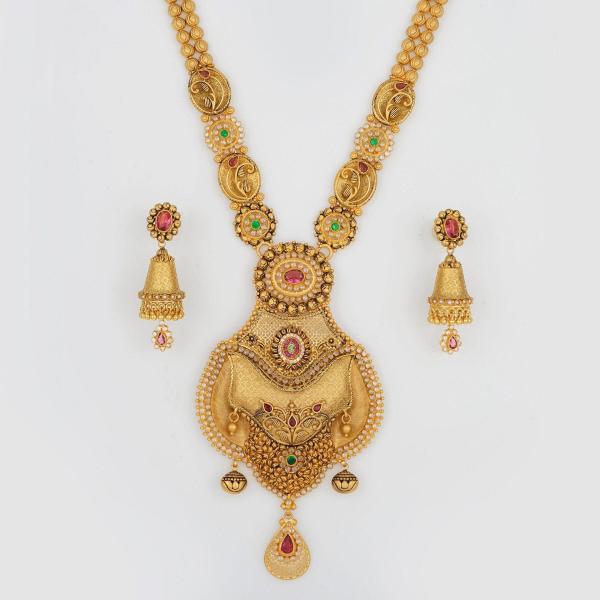 Amazing Shape Gold Long Antique Ranihar Sets in Beautiful Design & Kundan work for Ladies 