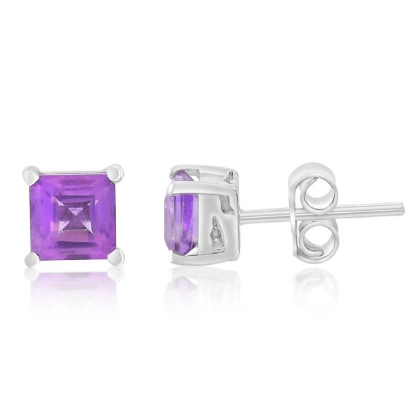 925 Sterling Silver Real Amethyst Square Gemstone Shape Stud Earrings