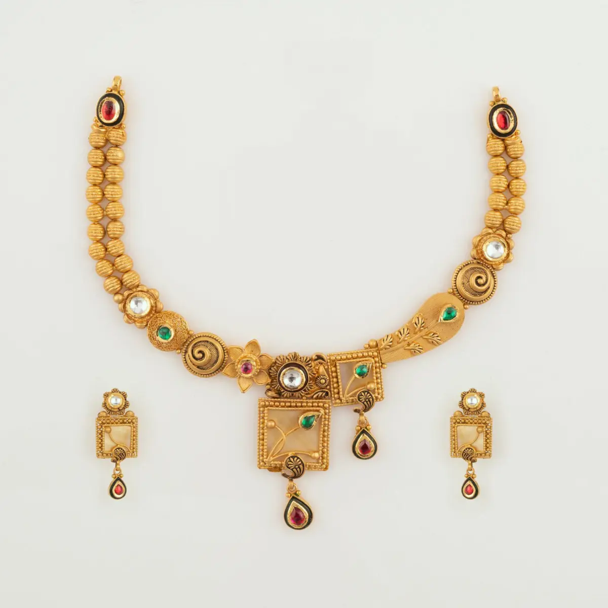 Fabulous Square Shape with Flowers and Leaf Design in Meena work Gold Antique Necklace Set