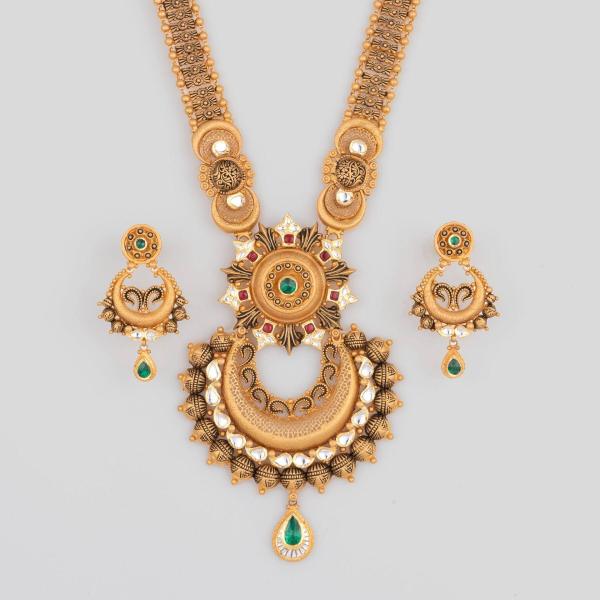 Gold Ladies Long Ranihar Set with Adoreable Design & Stones 