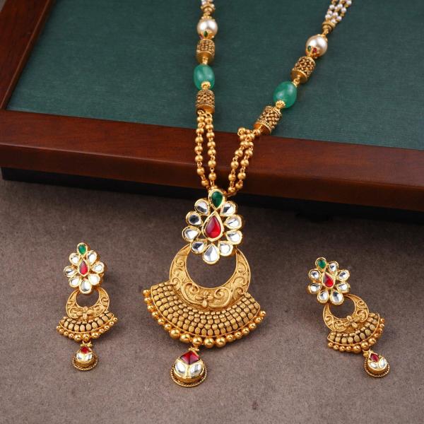 Amazing Square Shape with Flowers and Leaf Design in Meena work Gold Antique Pendant Set