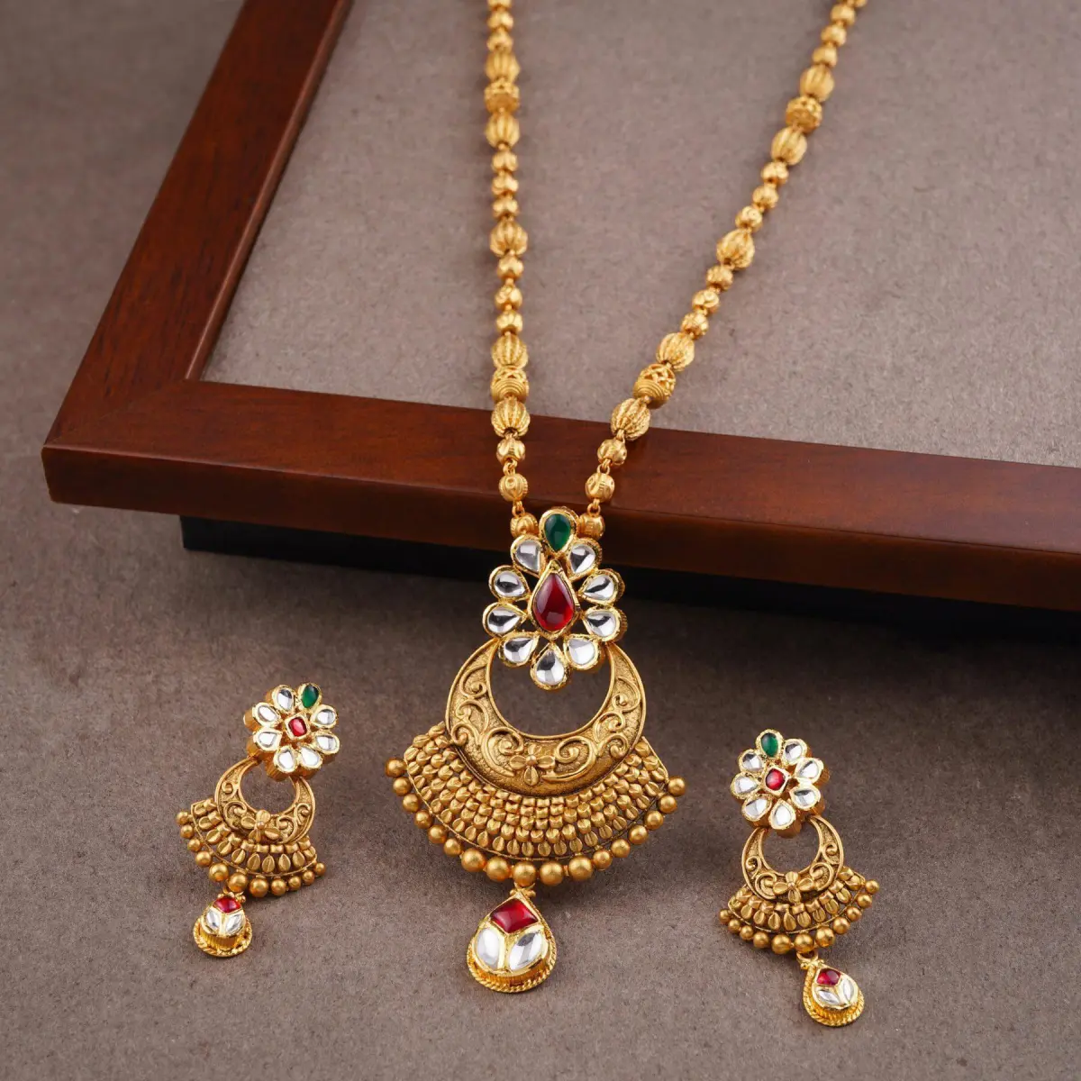 Triangle Shape with Flowers and Leaf Design in Meena work Gold Antique Pendant Set