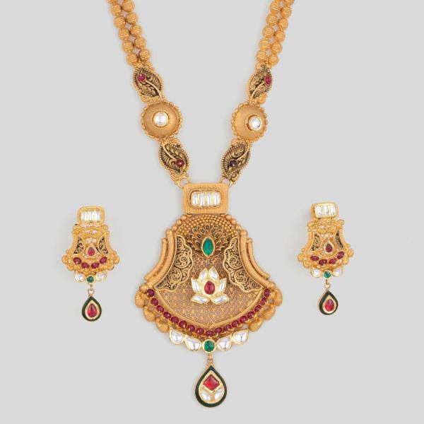 Beautiful Gold Ranihar Set with Kundan work for Ladies in Flowers & Leaf Design 